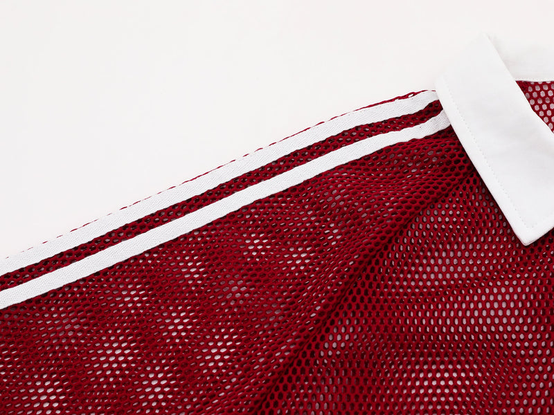 Red mesh polo tee with white shoulder stripes and collar, featuring a retro athletic streetwear look