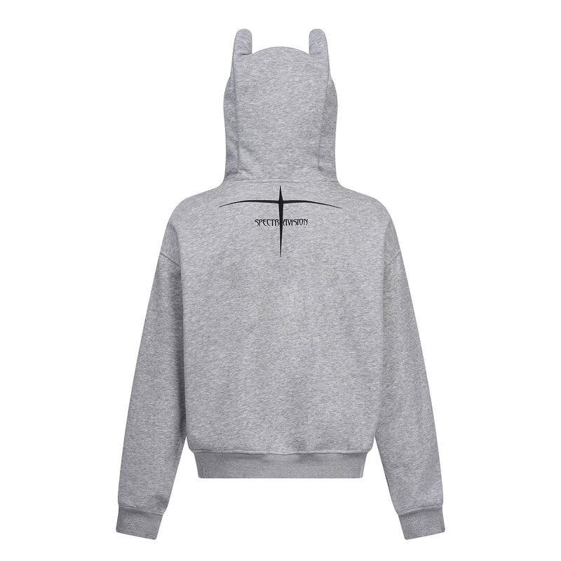 Light gray zip hoodie back view with black cross graphic on the hood