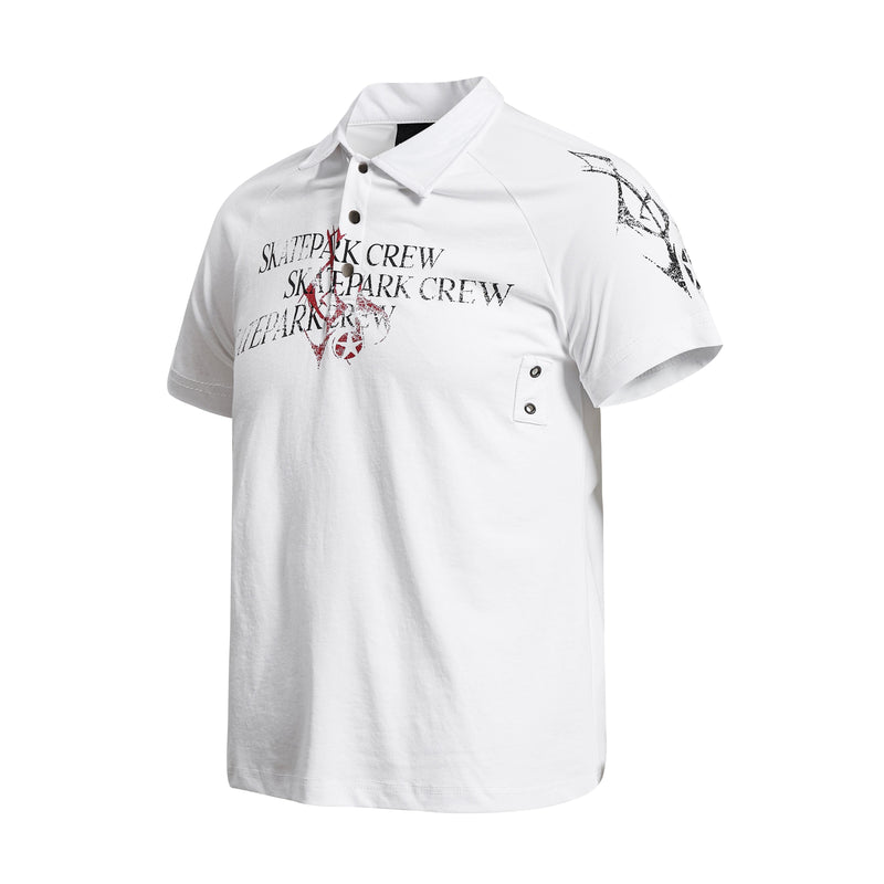 White distressed polo shirt with skatepark crew graphic and black-red print on the chest and sleeve
