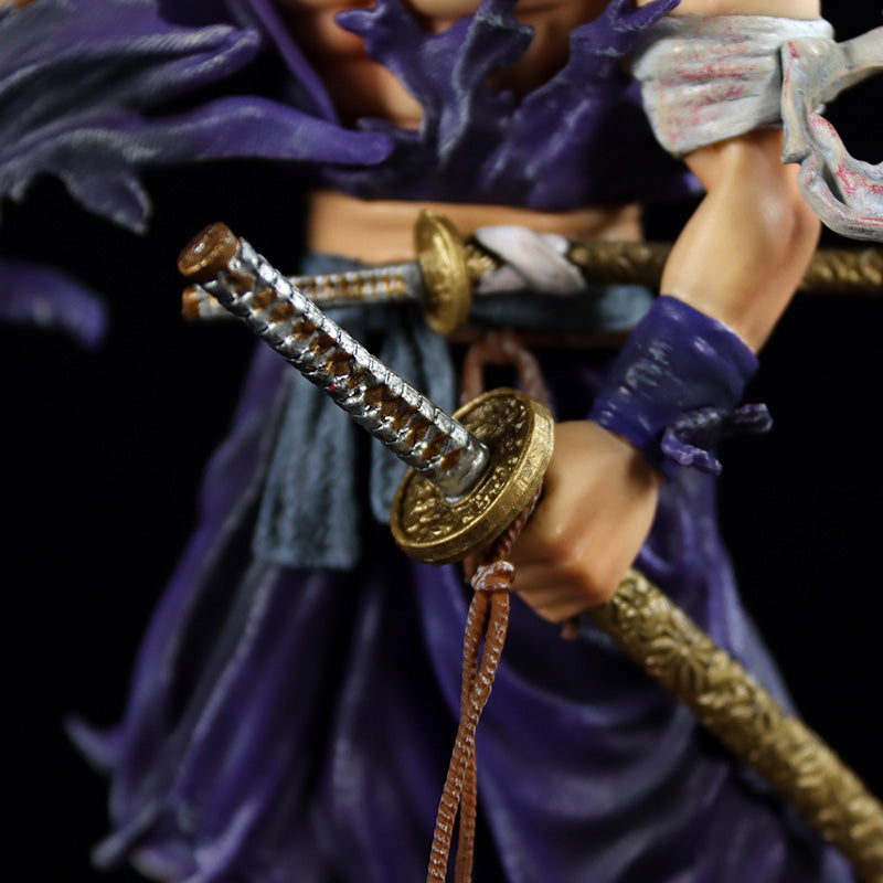 A close-up of the Seakoff Future Trunks Super Saiyan Collectible Figure – Dragon Ball Z, 28cm, Sword Pose, showcases intricate textures of the warrior holding two ornate swords. Dressed in a purple robe with detailed armor against a black background, the focus is on hands and swords.