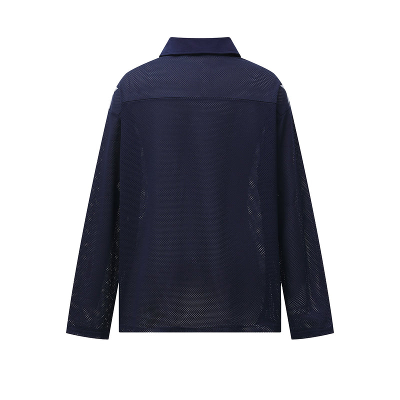Back view of navy mesh long-sleeve shirt with plain upper back and collar
