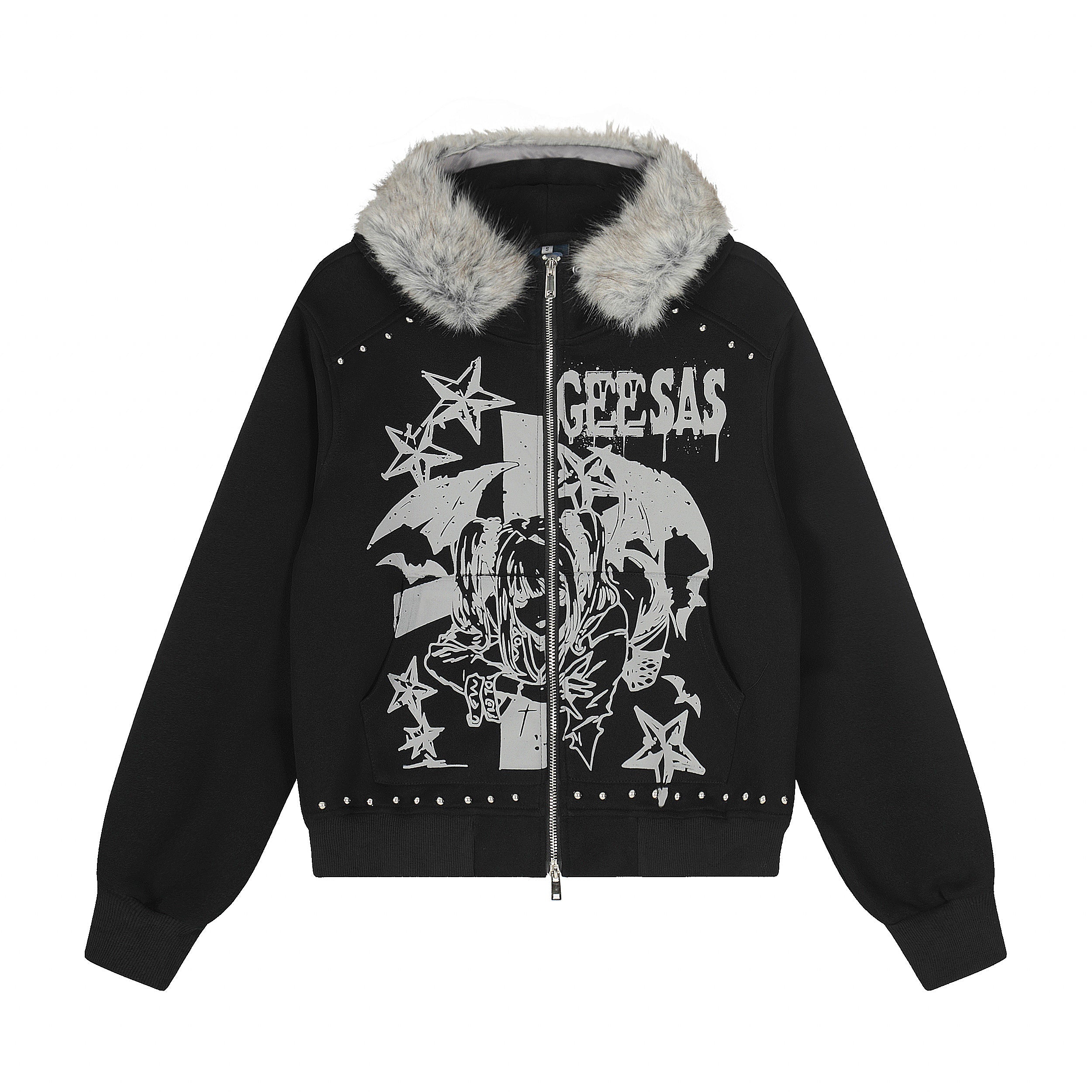 Faux-Fur Collar Anime Graphic Zip Hoodie | Studded Streetwear