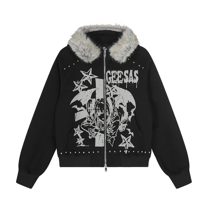 Front view of black zip hoodie with gray faux-fur collar, anime graphic and studded details