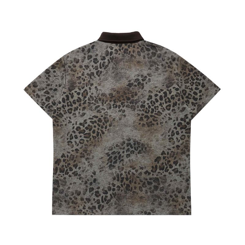Back view of an oversized leopard print polo tee with dark collar and gothic streetwear style