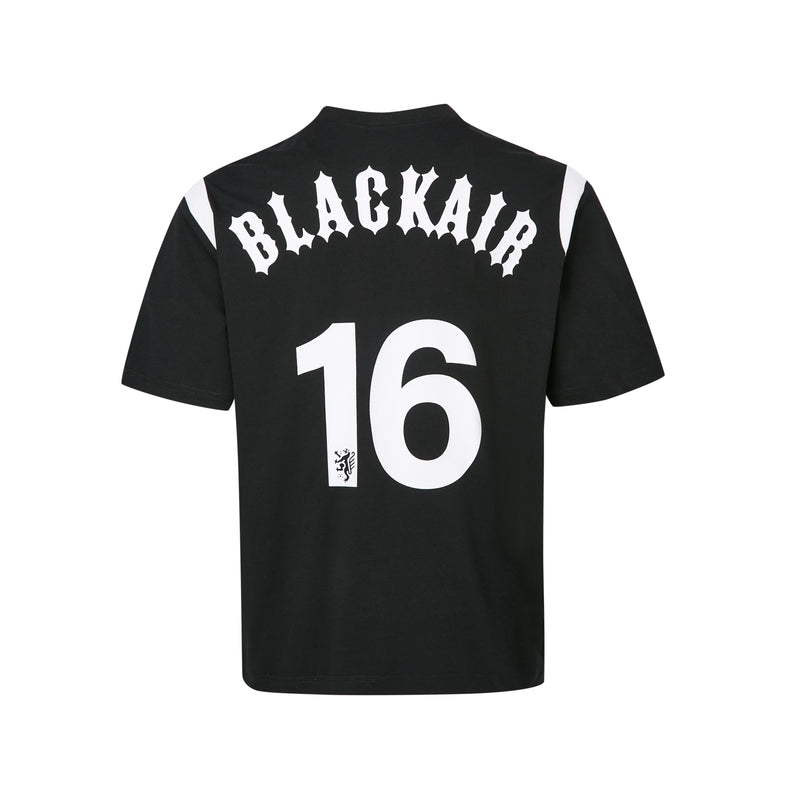 Black retro football jersey tee with white BLACKAIR lettering and large 16 on the back, streetwear style