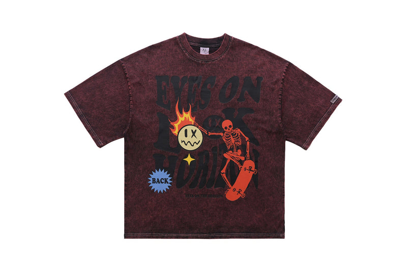 Vintage-wash burgundy skate graphic tee with bold Eyes on the Horizon print and skeleton skateboard design