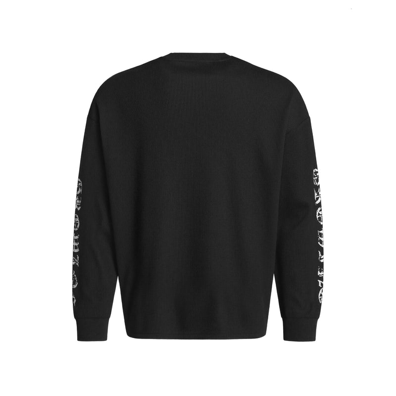 Black waffle-knit sweatshirt back view with plain panel and printed sleeve graphics