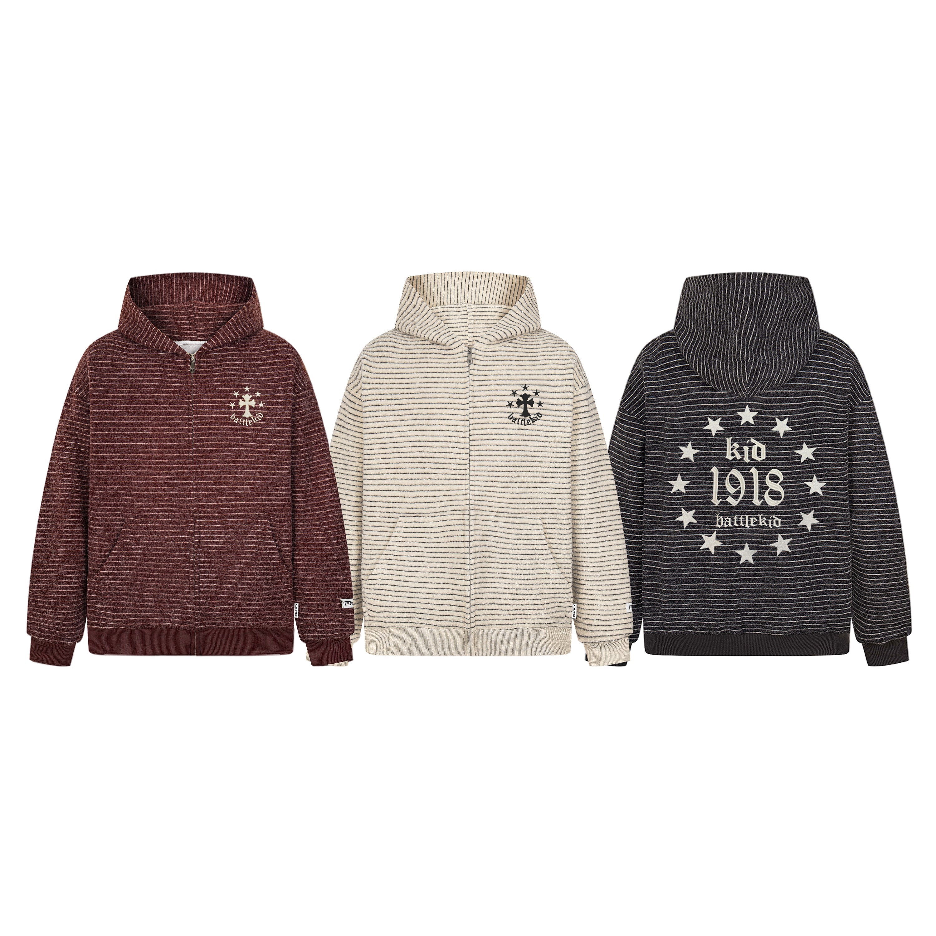 Burgundy striped ribbed knit zip hoodie with embroidered cross and star chest logo, front view