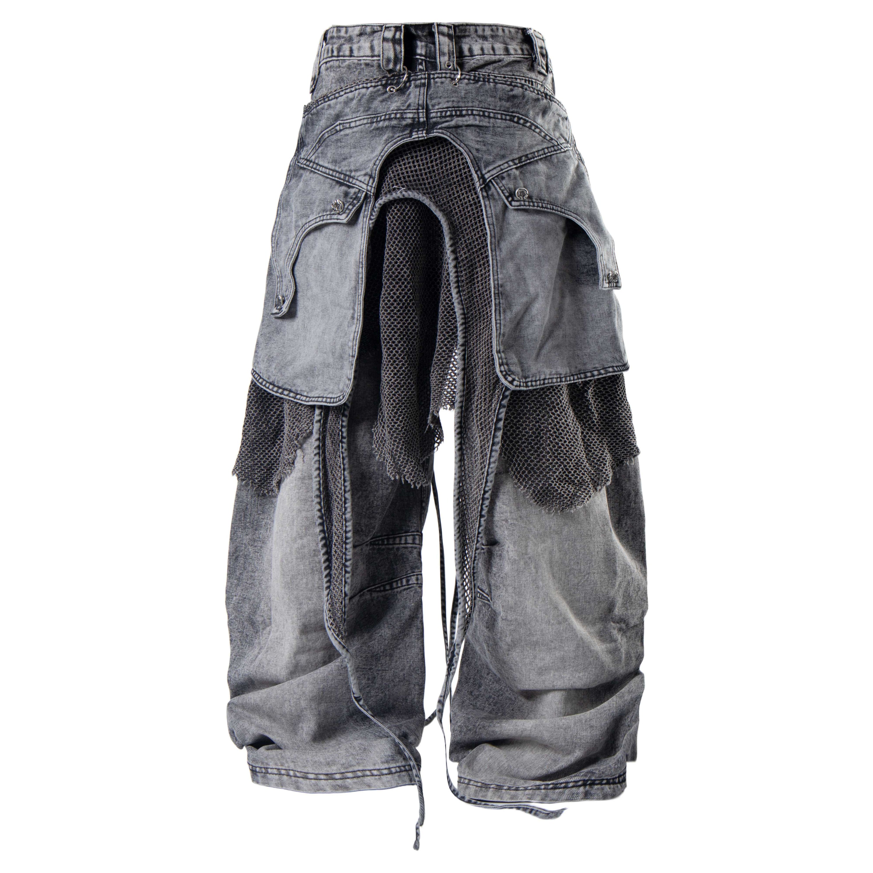 Convertible Utility Baggy Jeans | Cargo Mesh Distressed Denim