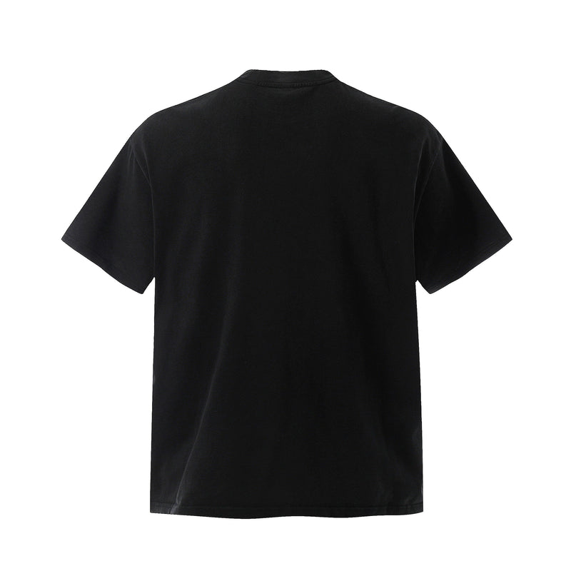 Black short-sleeve graphic T-shirt shown from the back on a plain white background