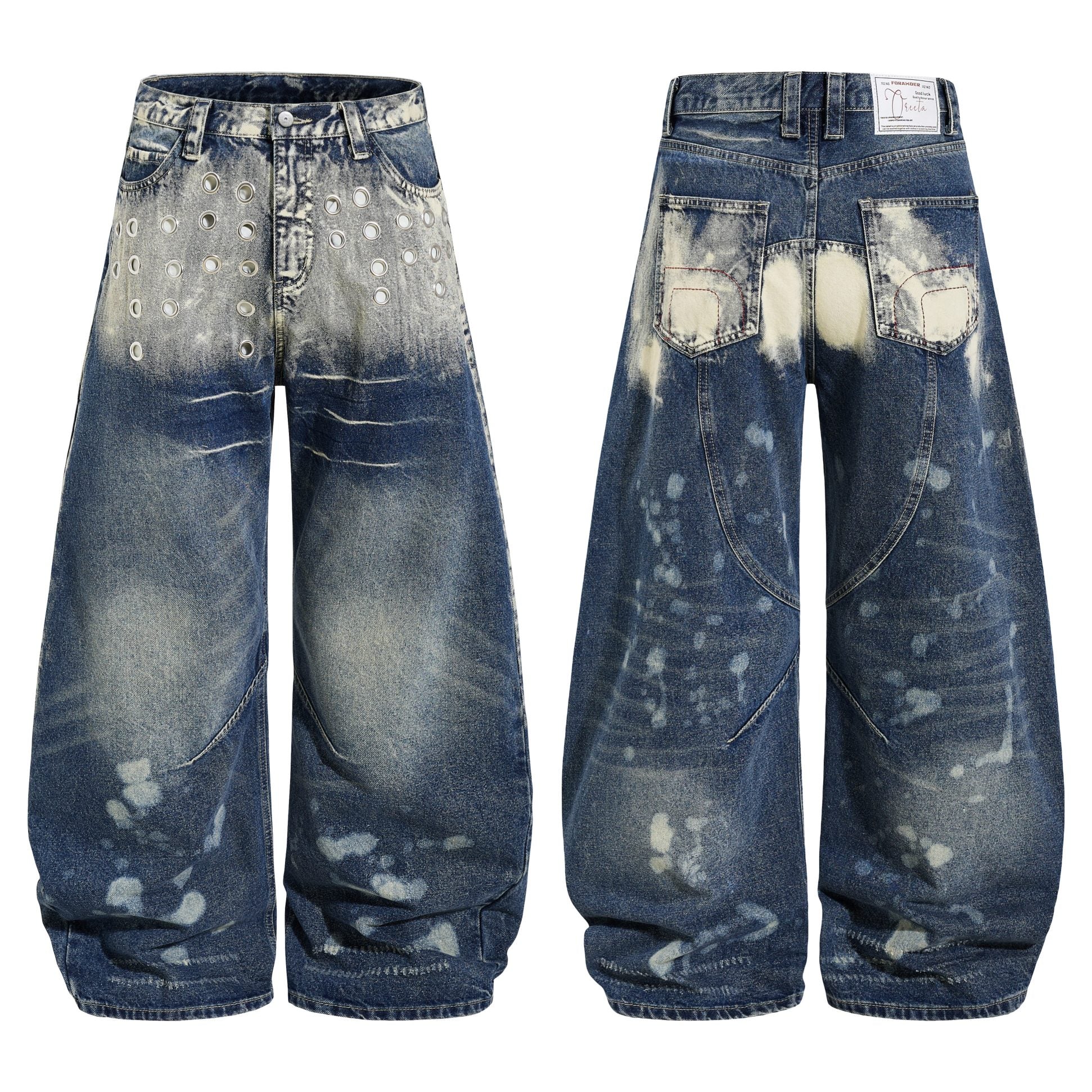 Front and back view of Omirad Grommet Washed Balloon Jeans in distressed indigo denim with metal grommet detailing and bleach