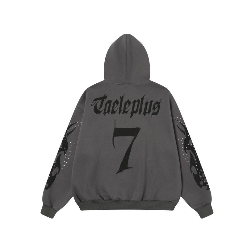 Charcoal gray hoodie back view with black graphic text and large number 7