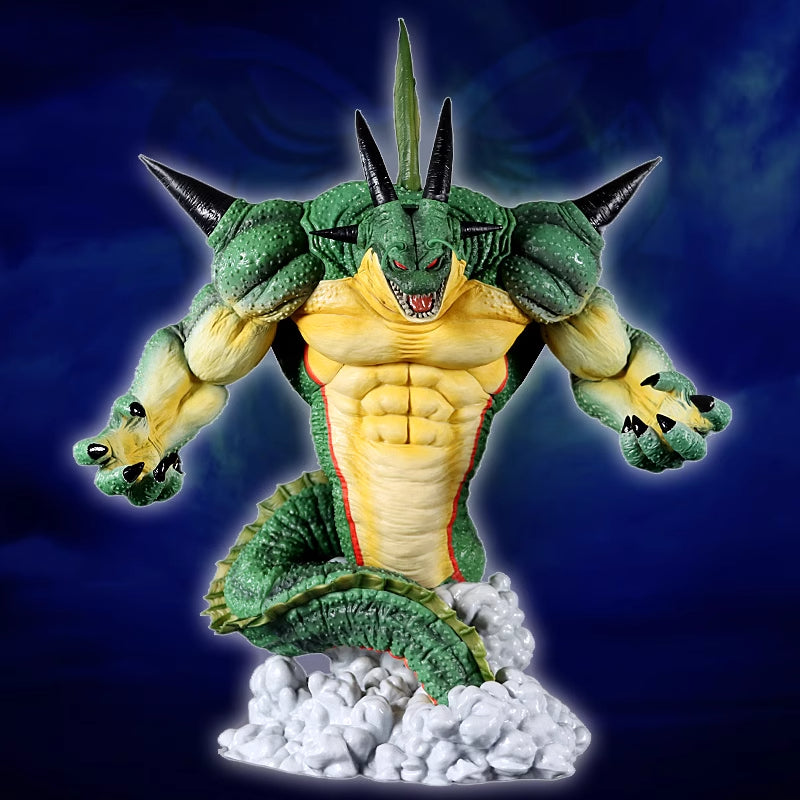 The Shenron Broly Collectible Figure by Seakoff is a 37cm Dragon Ball Z premium action figure with green scales, a yellow underbelly, sharp claws, multiple horns, muscular arms, and a long tail. Set against white clouds on a dark blue background, it&