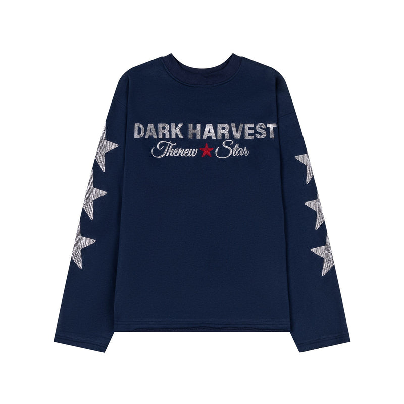 Navy long sleeve tee with rhinestone star sleeves and Dark Harvest front graphic