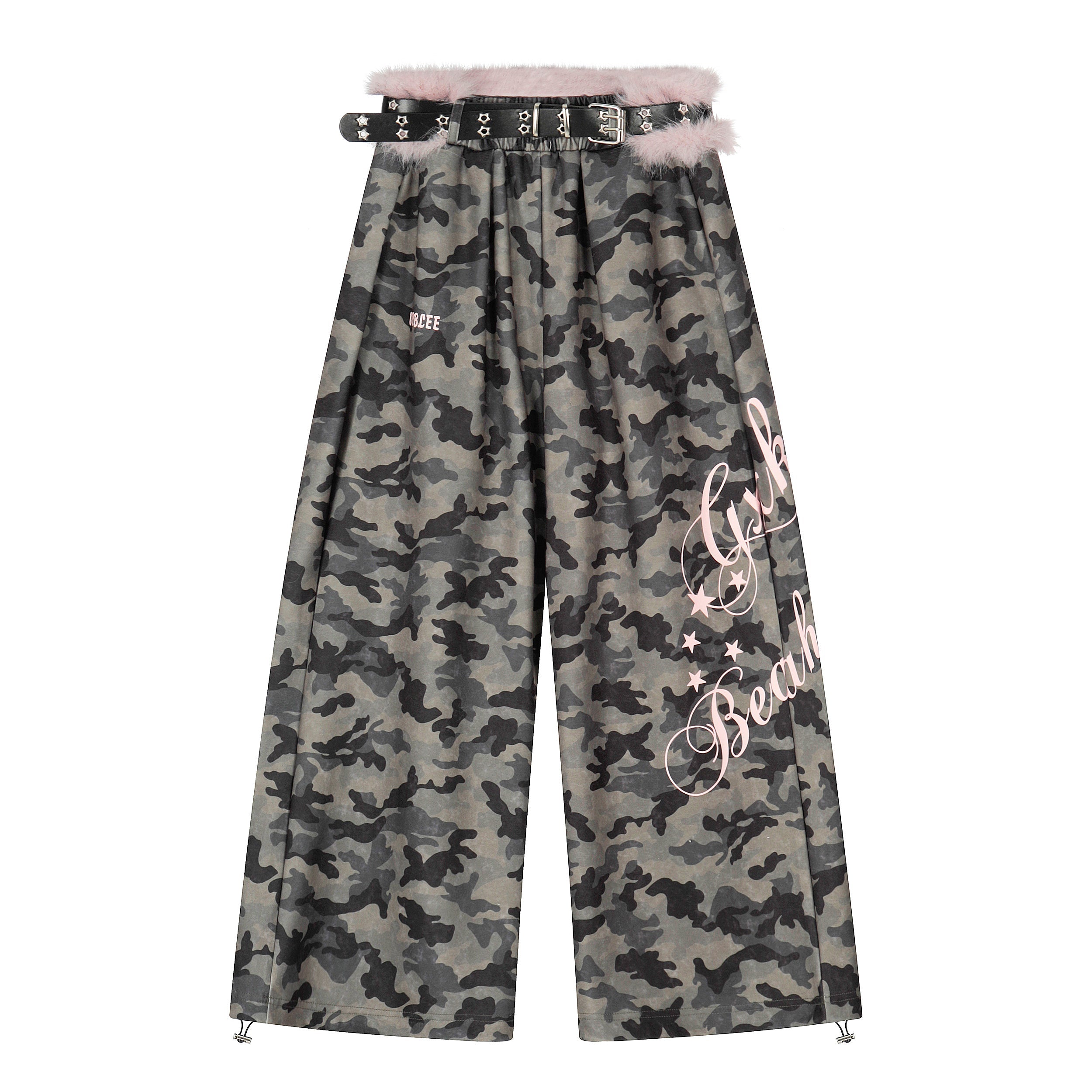 Camo Wide-Leg Pants with Pink Faux Fur Trim & Studded Belt