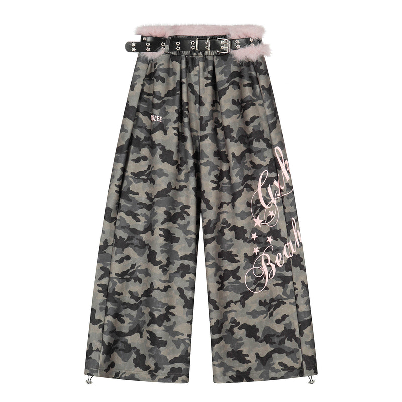 Camo Wide-Leg Pants with Pink Faux Fur Trim & Studded Belt