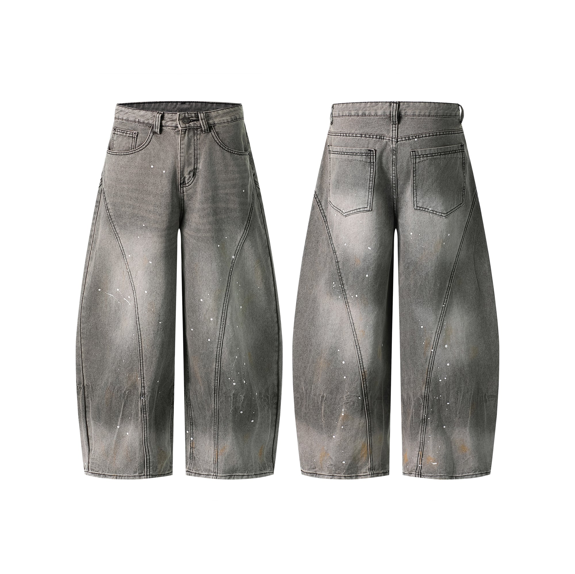Front and back view of grey washed wide-leg denim pants with curved panel seams and white paint speckle details