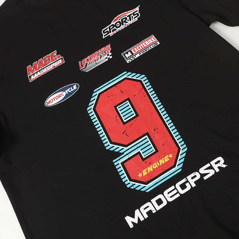 Black racing graphic T-shirt with a large red number 9, MADEGPSR logo, and motorsport-inspired chest prints