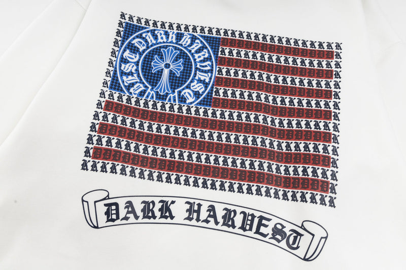 Close-up of the full chest print on the white hoodie