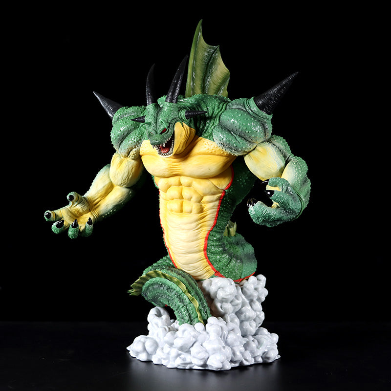 The Seakoff Shenron Broly Collectible Figure from Dragon Ball Z is a striking 37cm premium action figure featuring a muscular, humanoid torso, green scales, large wings, horns, claws, and a serpent-like lower body surrounded by cloud formations against a black background.