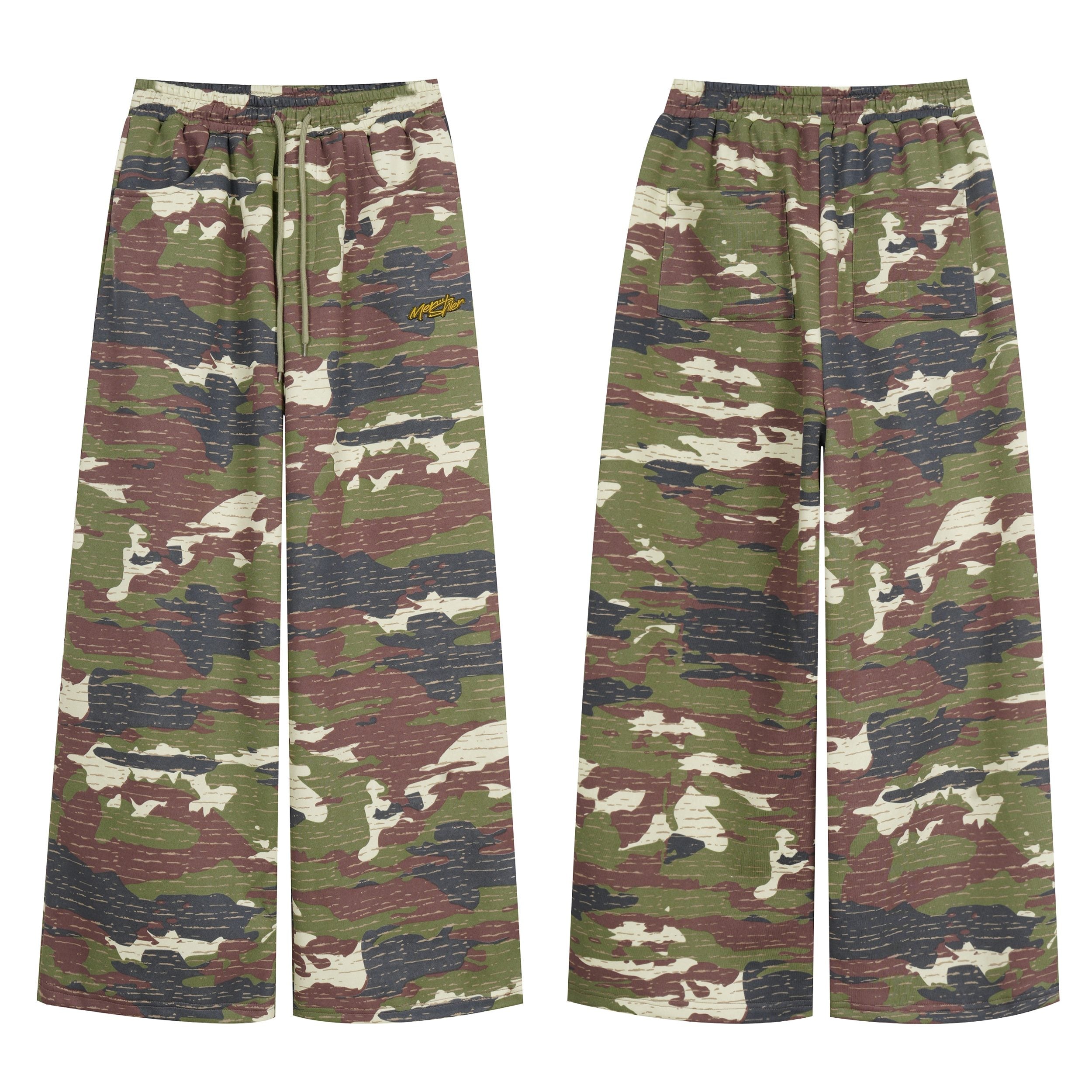 Front and back view of wide-leg vintage camouflage lounge pants with elastic drawstring waist and embroidered logo