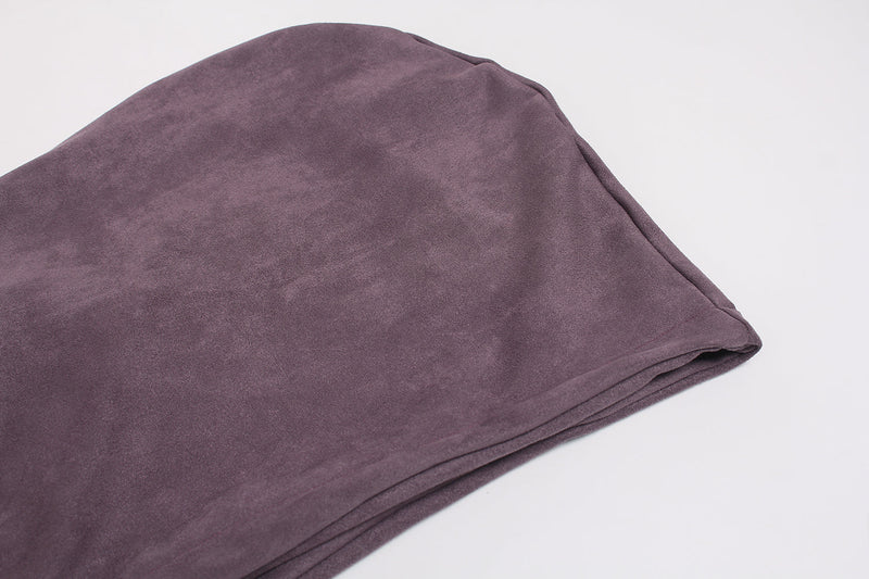 Folded purple suede hoodie fabric laid flat
