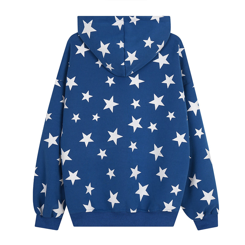 Blue star-print hoodie shown from the back with hood up and ribbed hem
