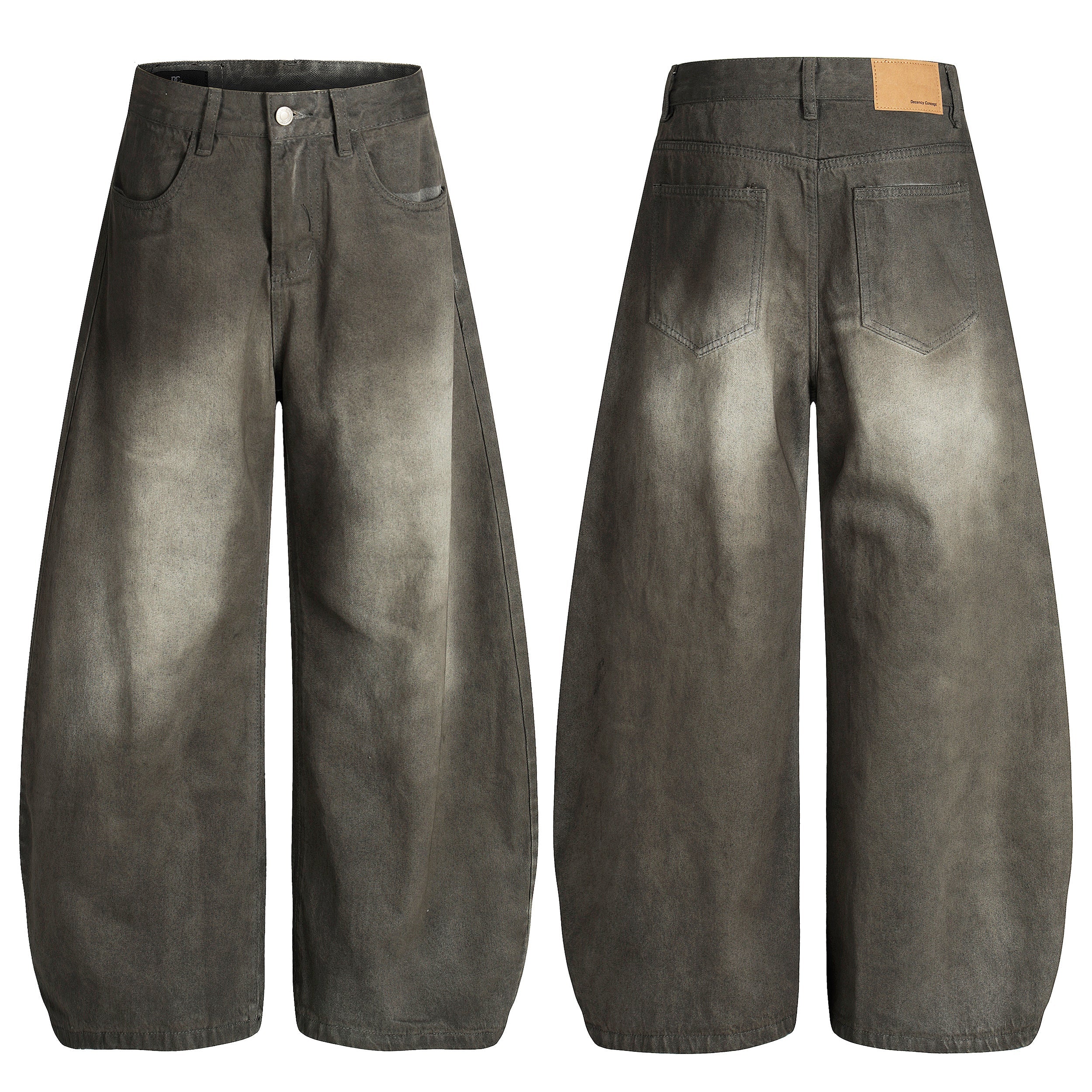 Front and back view of charcoal grey faded curved wide-leg denim pants with gradient wash and leather back patch