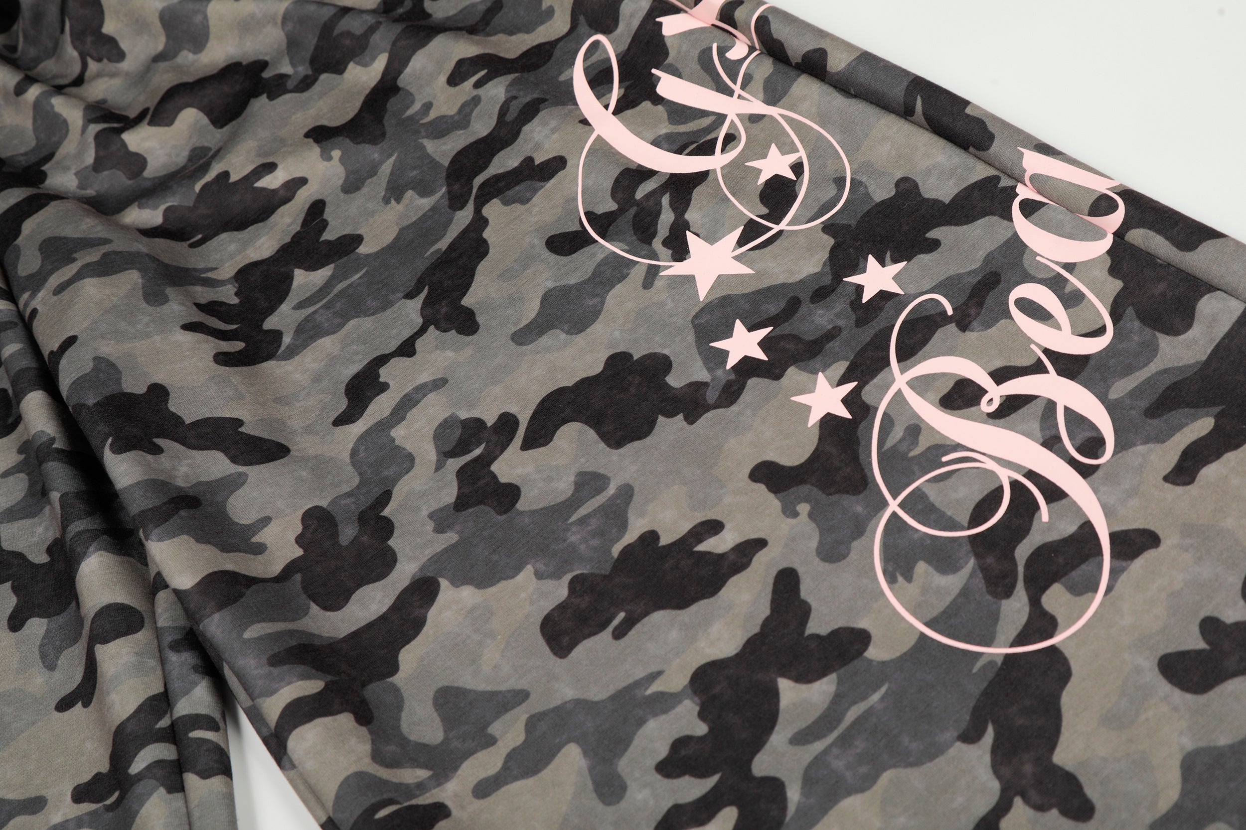 Camo Wide-Leg Pants with Pink Faux Fur Trim & Studded Belt