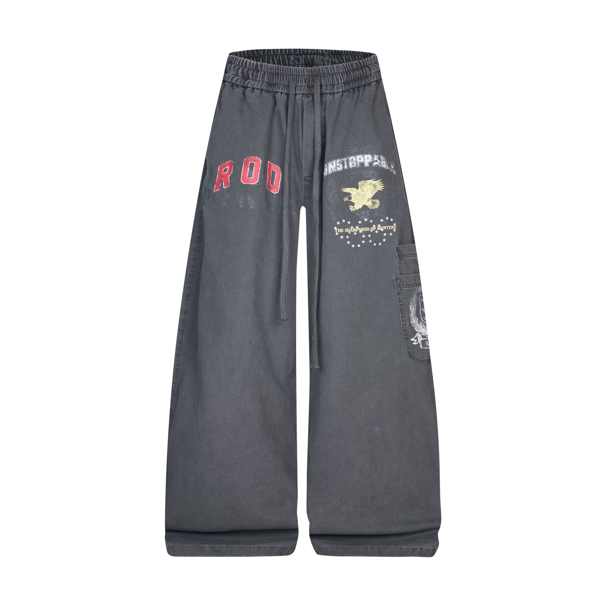 Omirad ROD graphic wide-leg pants in washed charcoal grey with red collegiate lettering and eagle print
