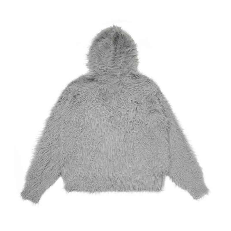 Gray fuzzy hoodie sweater back view with long shaggy knit texture