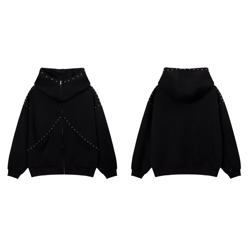 Black zip hoodie front and back views showing studded arc seams and hood