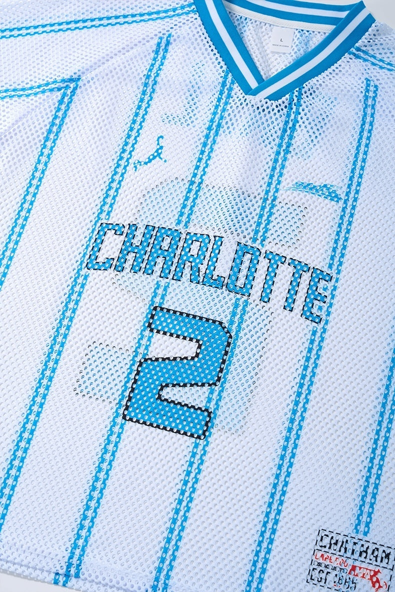 White and blue Charlotte Ball #2 mesh jersey T-shirt with striped V-neck and bold front graphics
