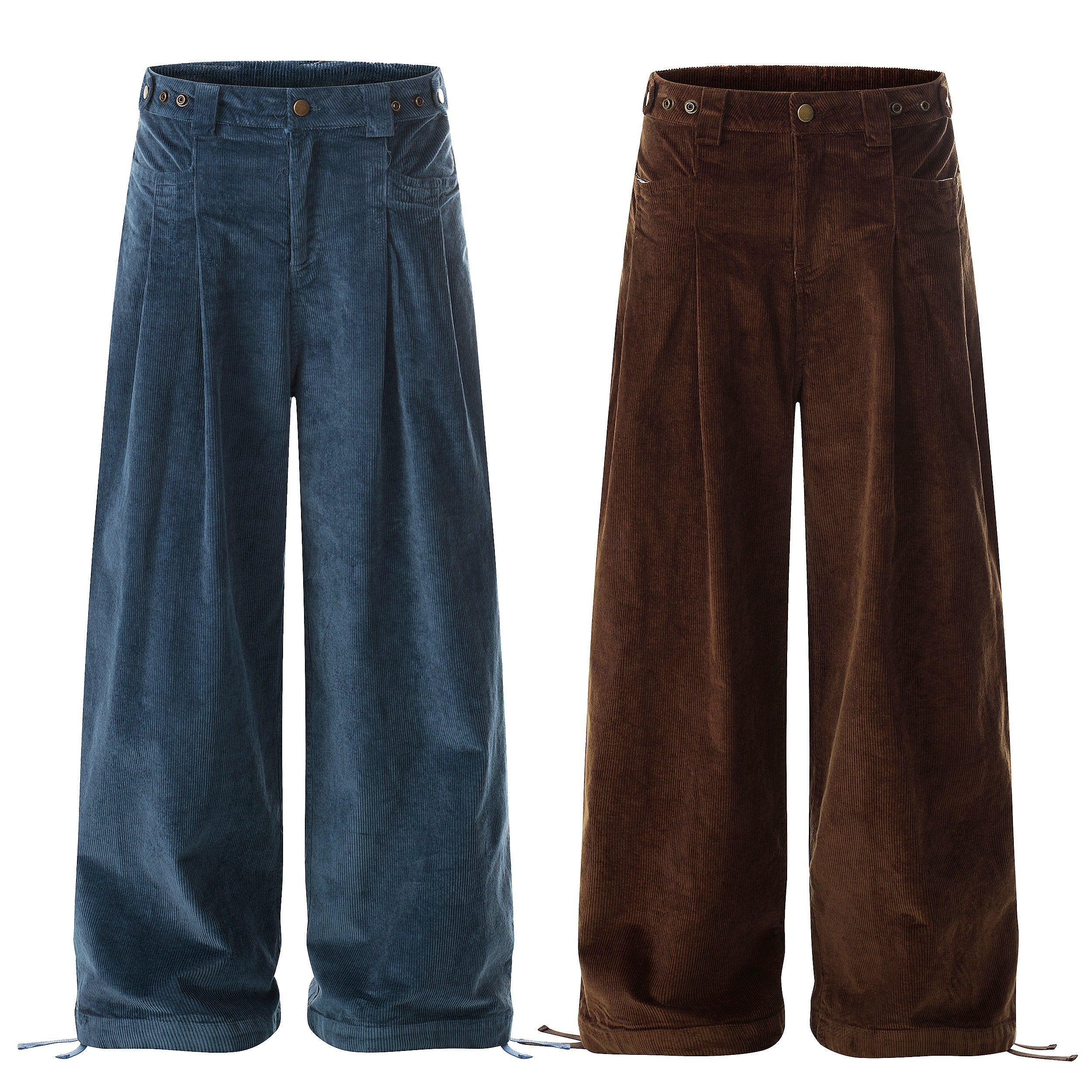 Front view of wide-leg corduroy trousers in slate blue and chocolate brown with pleated front and adjustable hem