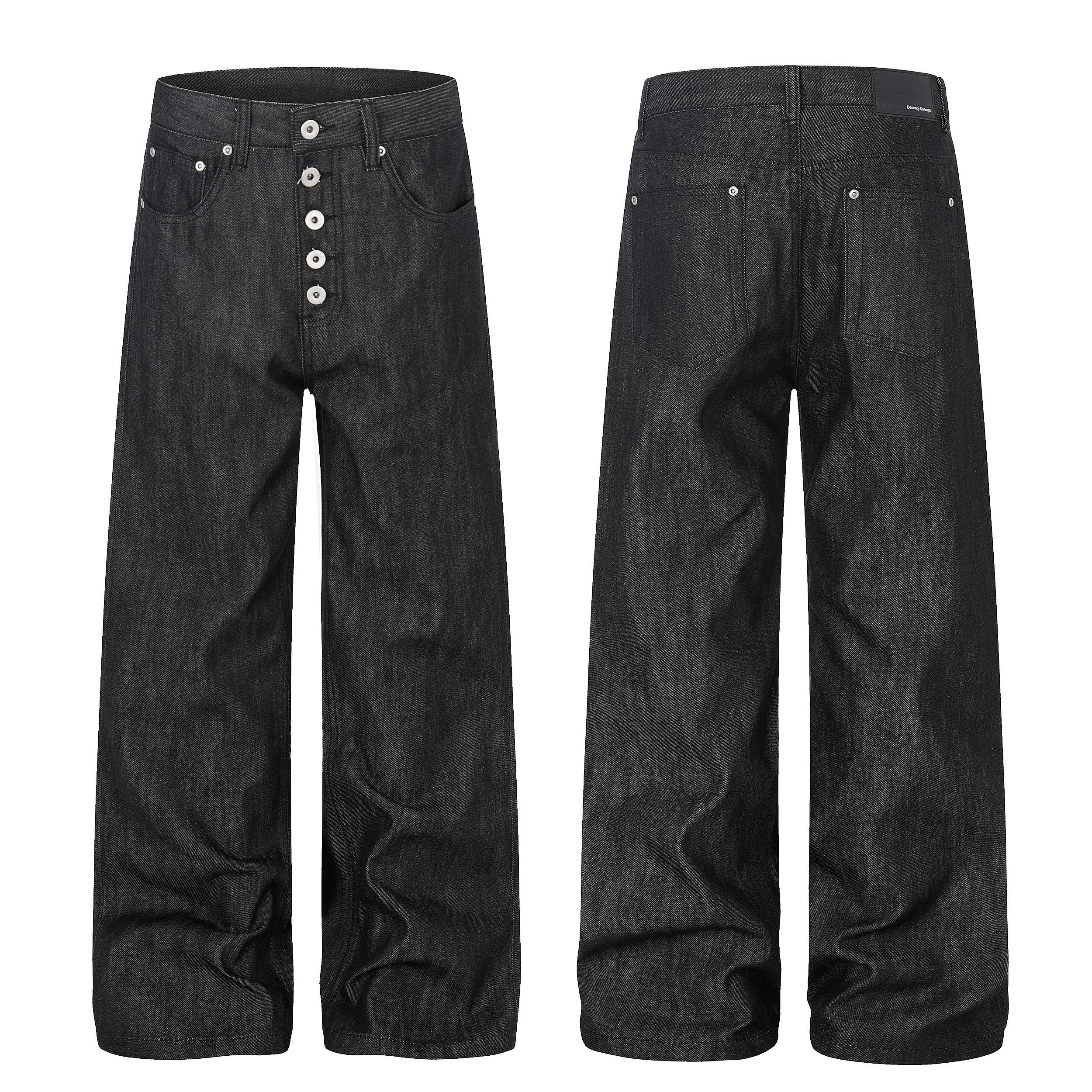 Front and back view of Omirad black raw denim wide leg jeans with exposed button fly and five-pocket design