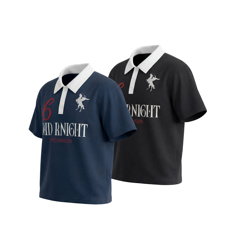 Men's graphic polo tee with white contrast collar, knight print, and oversized front lettering in navy and black styles