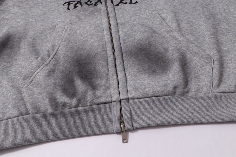 Close-up of gray hoodie front pocket and hem with zipper