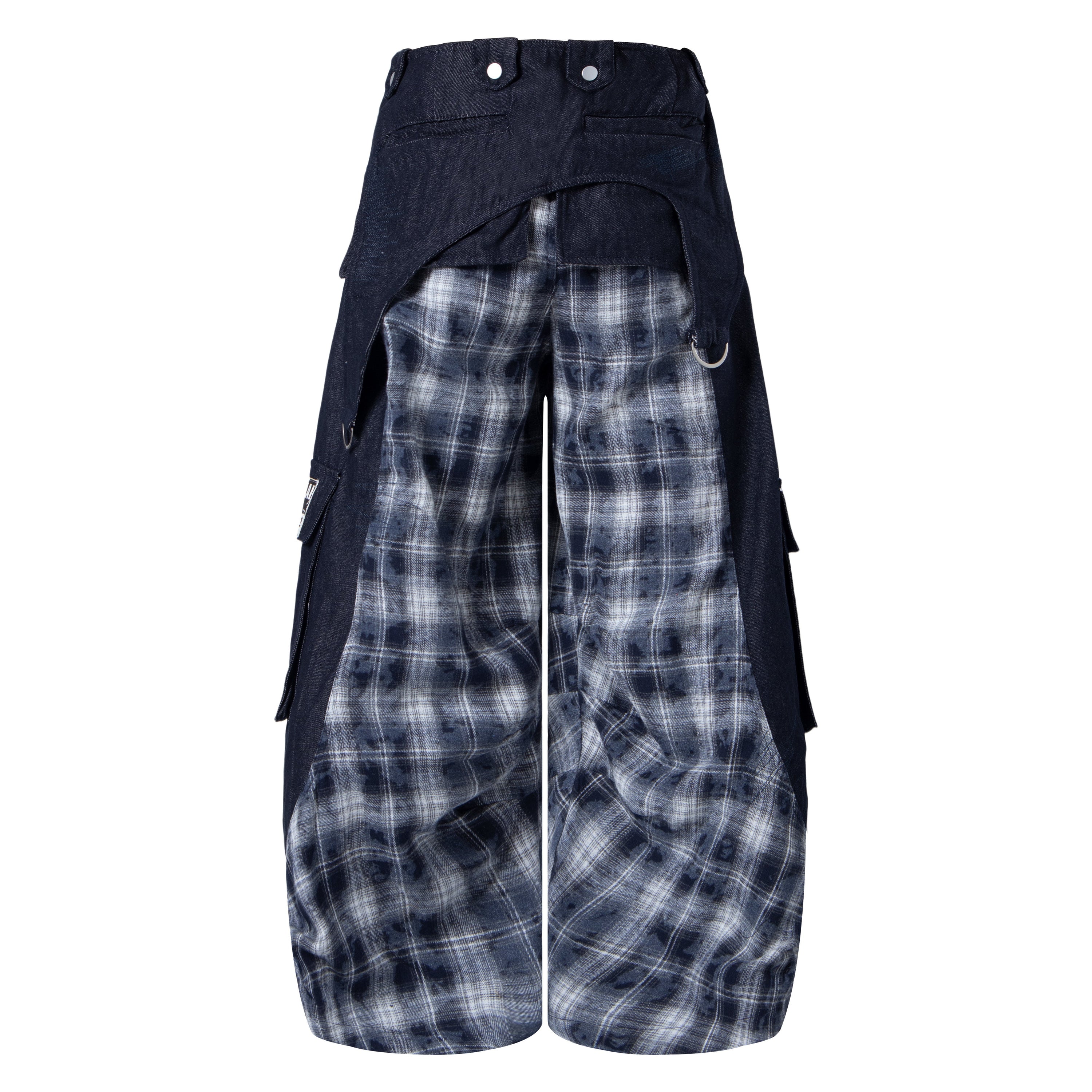 Punk Layered Plaid Panel Wide-Leg Cargo Pants | SEAKOFF