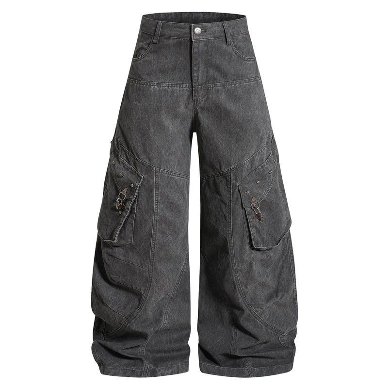 Dark gray utility balloon cargo pants, front view with wide legs and flap pockets