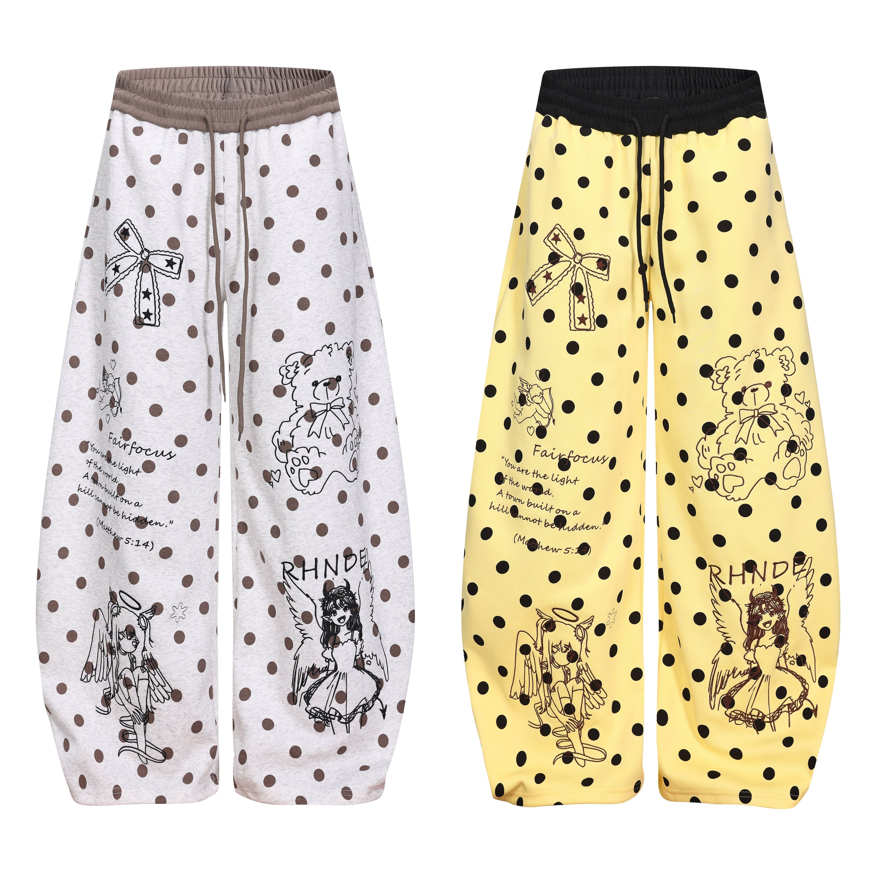 Yellow and white polka dot wide-leg pants with anime angel and teddy bear graphic prints, black and taupe waistbands