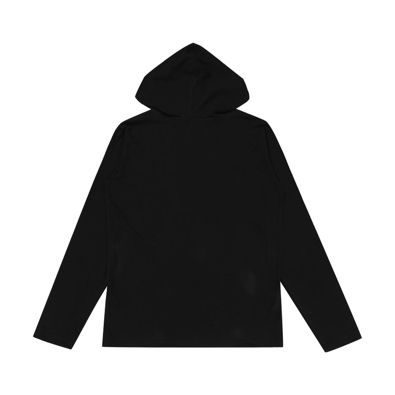 Black hooded long sleeve top, back view with plain solid finish