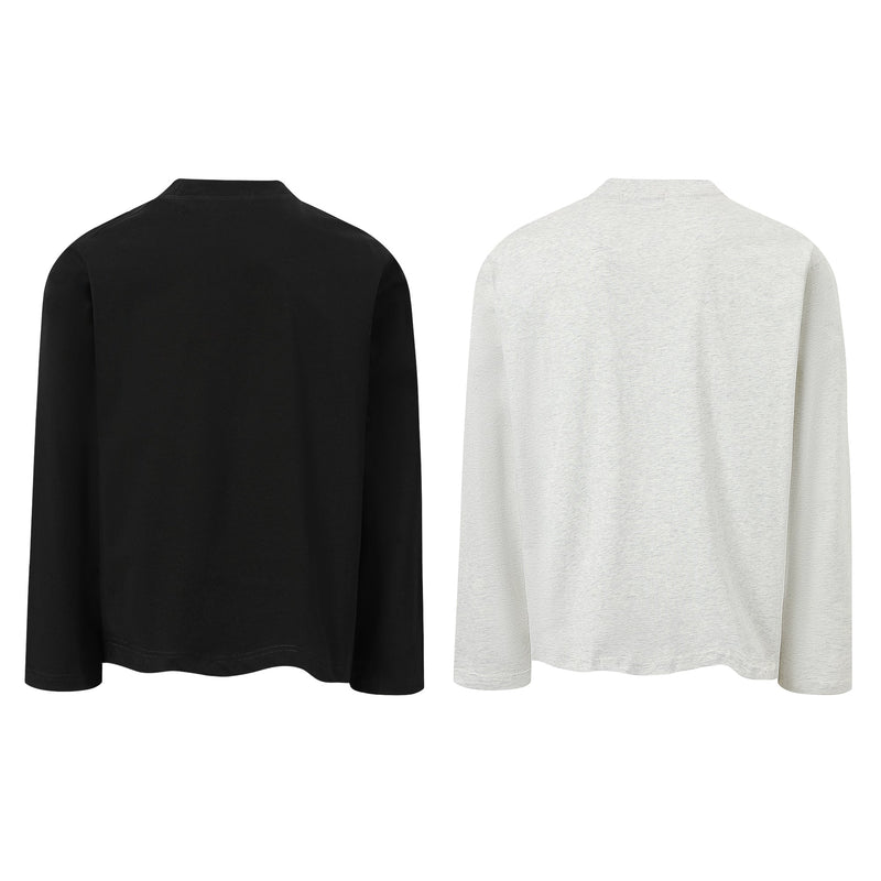 Back view of long-sleeve tee in black and heather gray with plain finish