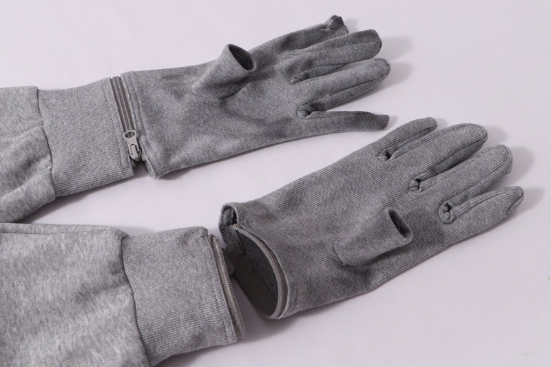 Close-up of gray glove cuffs with thumb holes and zipper openings