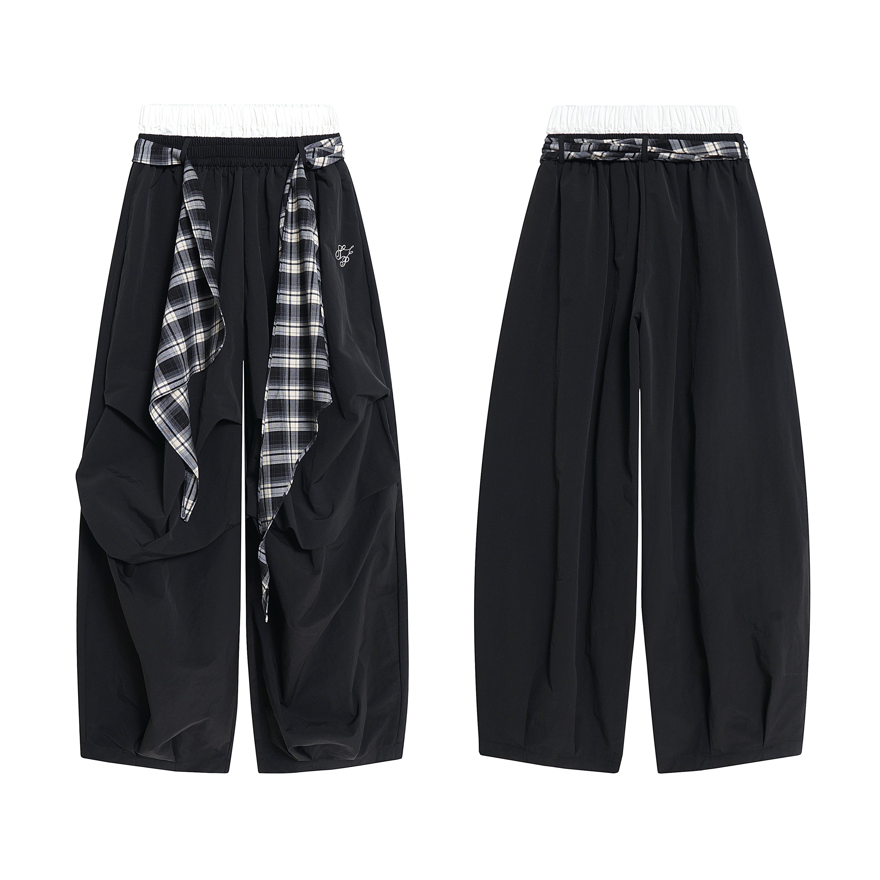 Black wide-leg nylon pants with asymmetric draped overlay and contrast plaid waist tie, front and back view