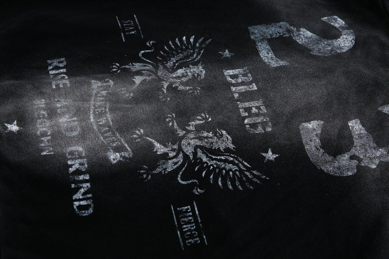 Close-up of hoodie back print with eagle graphic and faded Rise and Grind lettering
