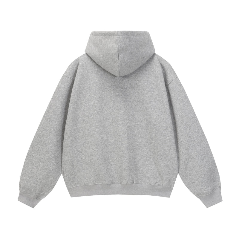 Back view of a light gray oversized hoodie with plain hood and sleeves