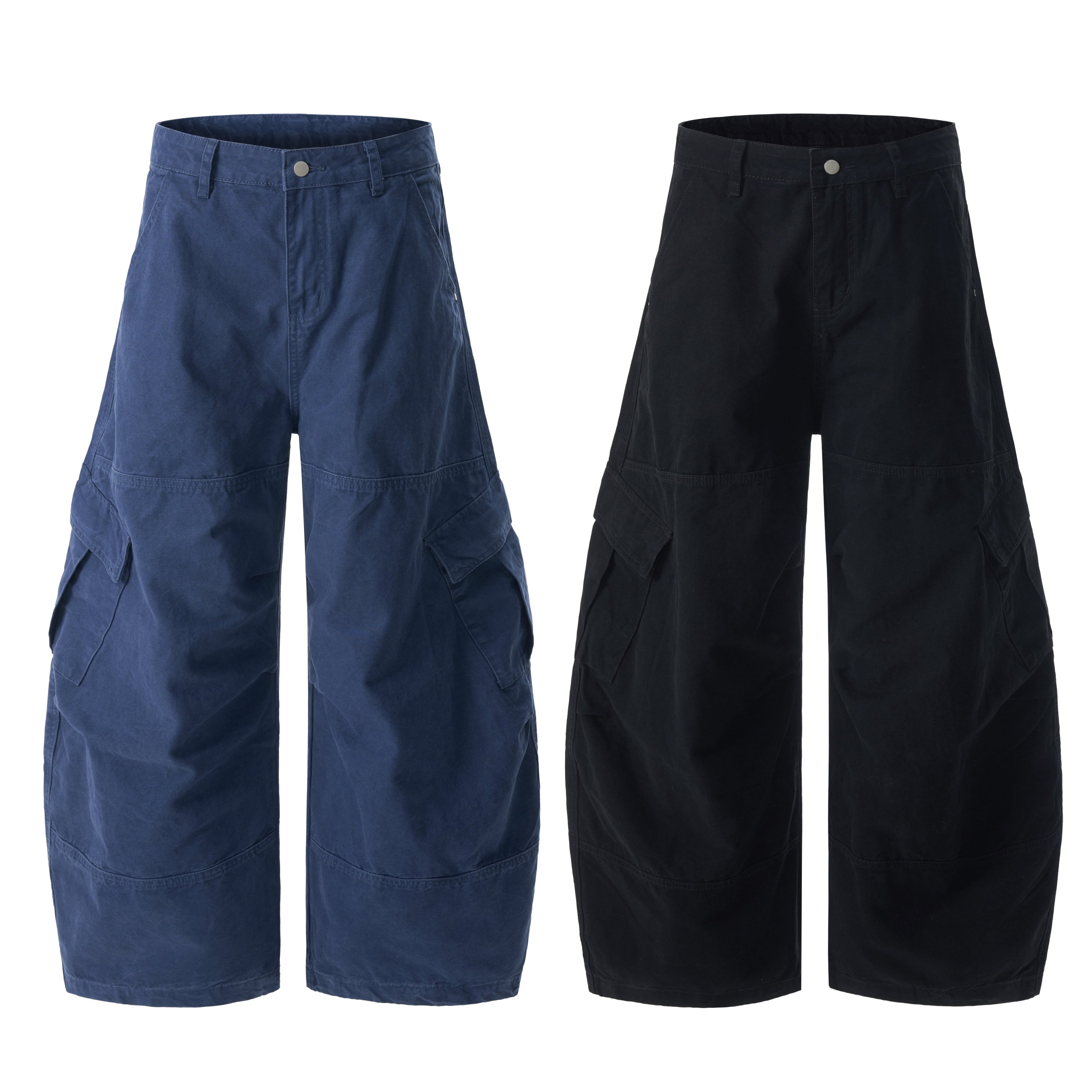 Omirad heavy cargo wide-leg pants in navy blue and black, oversized fit with large cargo pockets and curved panel stitching