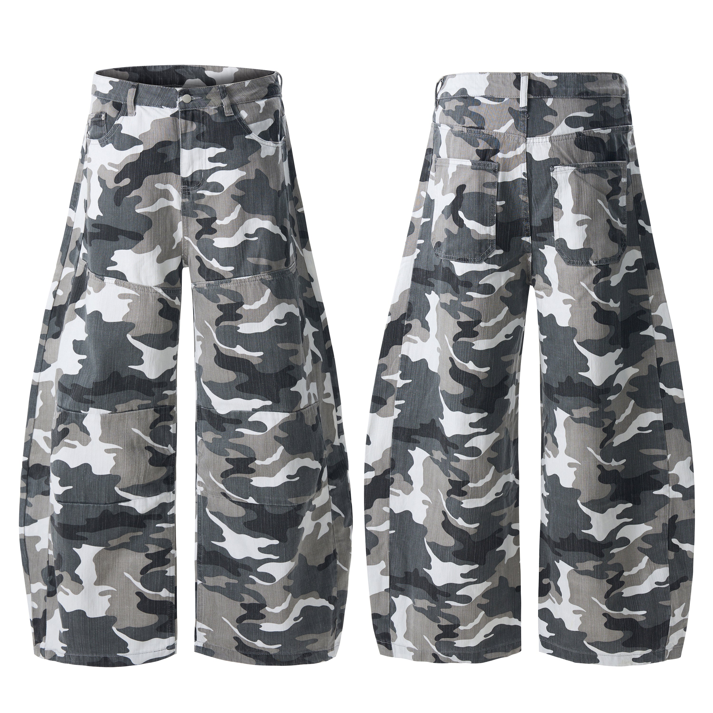 Front and back view of grey camo wide-leg patchwork jeans with balloon silhouette and panelled construction