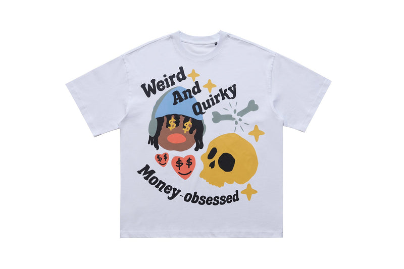 White graphic tee with quirky money-obsessed print, cartoon face, skull, and bold streetwear lettering