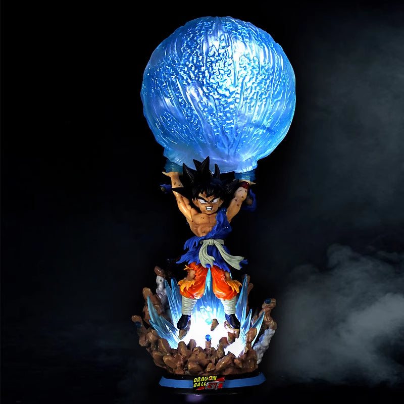 The Seakoff Goku Collectible Figure – Dragon Ball Z Kamehameha Statue features Goku with spiky black hair and an orange and blue outfit, holding a large, glowing blue Kamehameha wave above his head on a detailed base with captivating light effects.